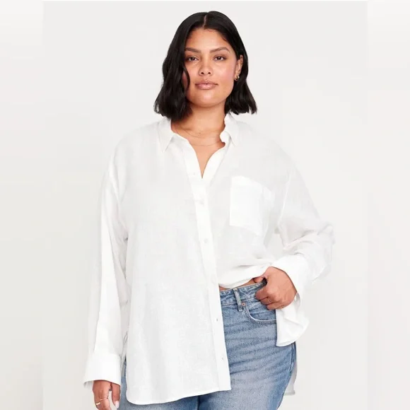 Linen-Blend Loose Button-Down Shirt XXL - Picture 1 of 14